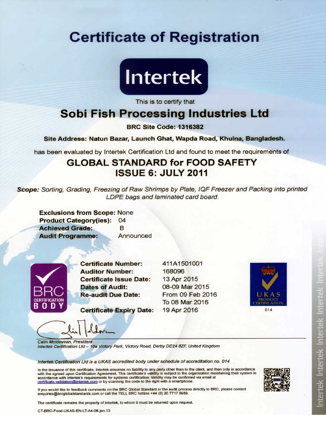 GLOBAL STANDARD for FOOD SAFETY Certificate from BRC UKAS Sobi Fish