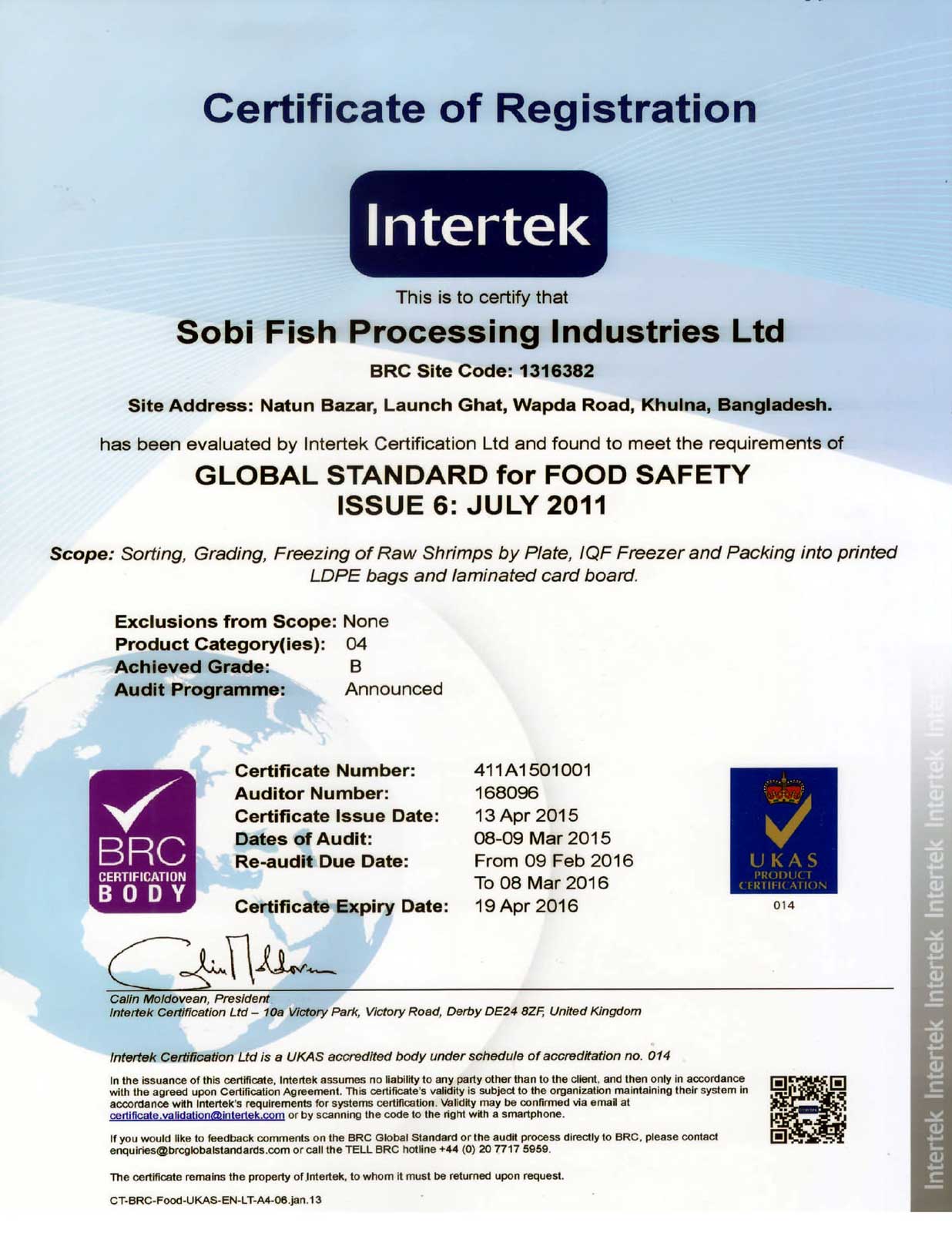 GLOBAL STANDARD For FOOD SAFETY Certificate From BRC UKAS Sobi Fish